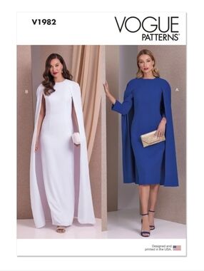 Vogue V1982Y5 Misses Fitted Cape Dresses Sewing Pattern Sizes 8 10 12 14 16